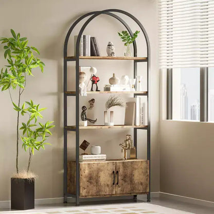 Bibliothèque, étagère industrielle de 181,6 cm de haut avec cadre métallique et rangements, bibliothèque arquée à 4 niveaux, étagère de présentation pour salon et bureau