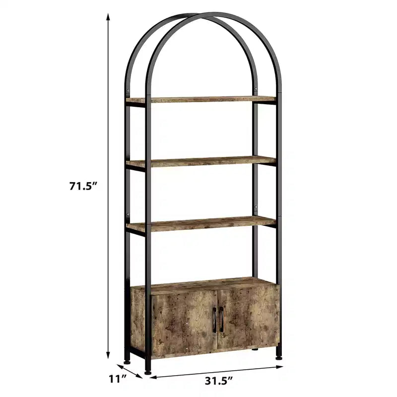 Bibliothèque, étagère industrielle de 181,6 cm de haut avec cadre métallique et rangements, bibliothèque arquée à 4 niveaux, étagère de présentation pour salon et bureau