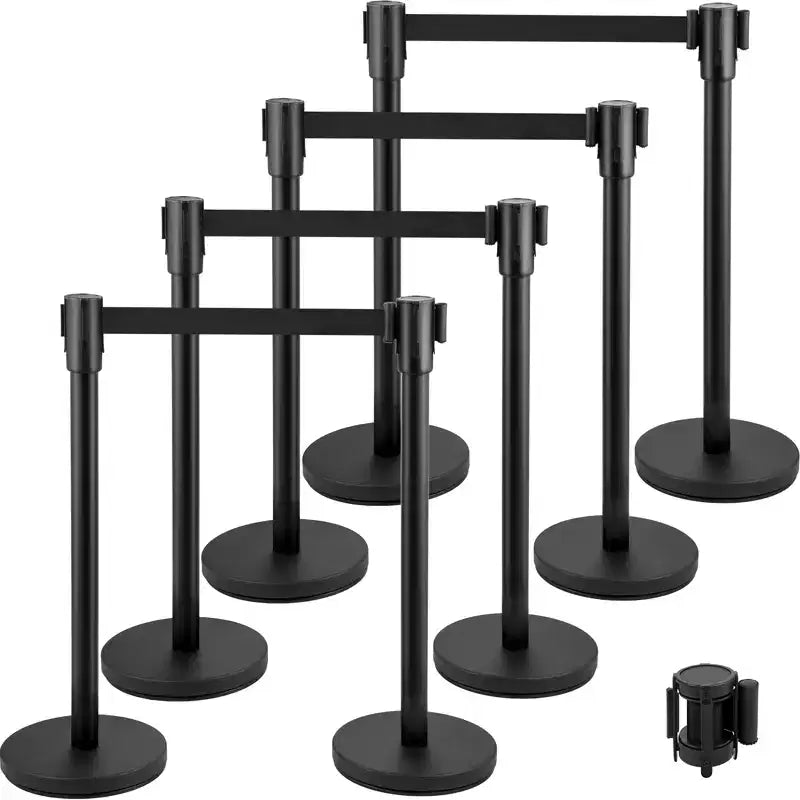 VEVOR Crowd Control Stanchion, Set of 8 Pieces Stanchion Set, Stanchion Set with 6.6 ft/2 m Black Retractable Belt, Black Crowd Control Barrier,Black