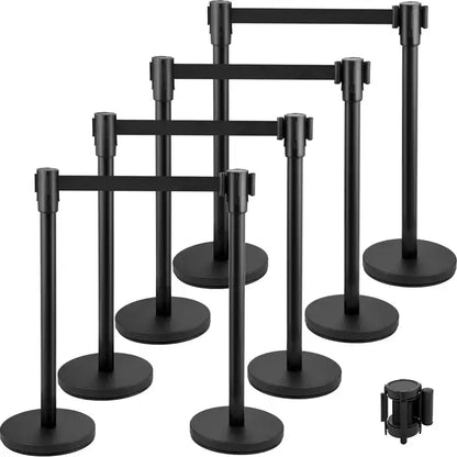 VEVOR Crowd Control Stanchion, Set of 8 Pieces Stanchion Set, Stanchion Set with 6.6 ft/2 m Black Retractable Belt, Black Crowd Control Barrier,Black