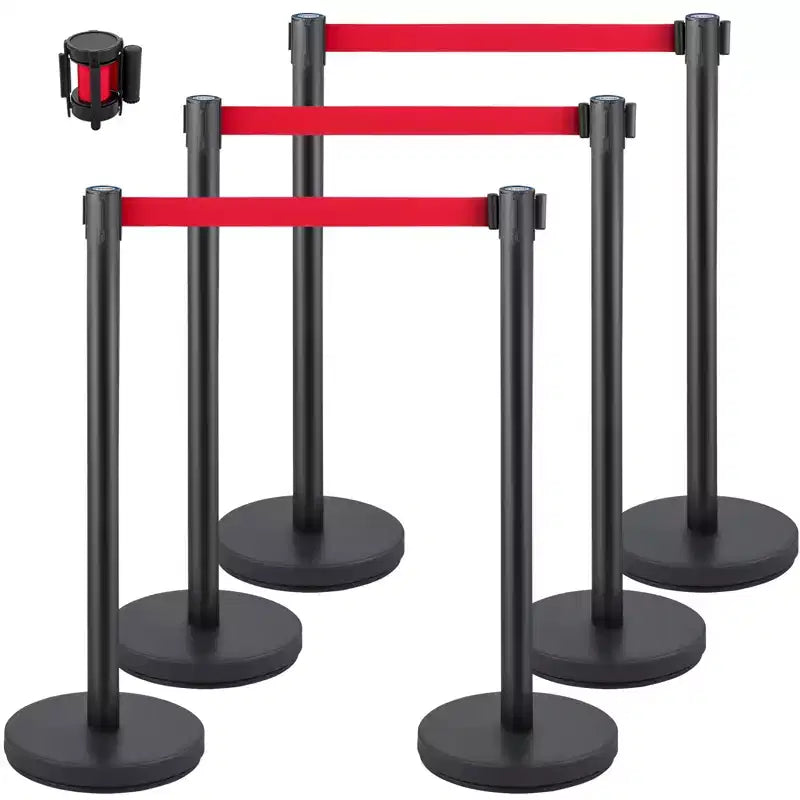 VEVOR Crowd Control Stanchion, Set of 6 Pieces Stanchion Set, Stanchion Set with 6.6 ft/2 m Red Retractable Belt, Crowd Control Barrier, Black