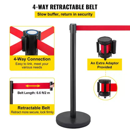Poteau de Guidage VEVOR, Lot de 6 Poteaux de Guidage, Ensemble de Poteaux de Guidage avec Ceinture Rétractable Rouge de 2 m, Barrière de Contrôle de Foule, Noir