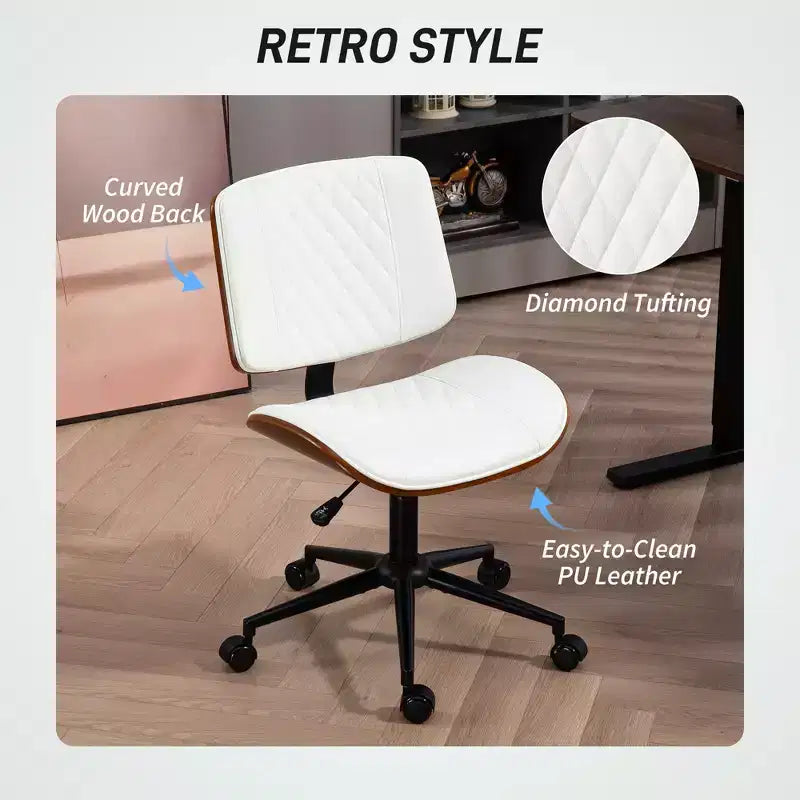 Chaise de Bureau sans Accoudoirs à Roulettes, Chaise de Bureau en Cuir PU avec Hauteur Réglable, Pivotante à 360° pour la Lecture
