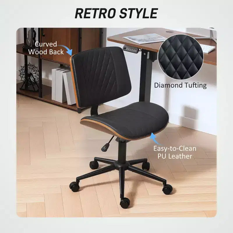 Chaise de Bureau sans Accoudoirs à Roulettes, Chaise de Bureau en Cuir PU avec Hauteur Réglable, Pivotante à 360° pour la Lecture