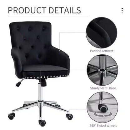 Chaise de bureau moderne mi-dossier avec dossier en velours capitonné, garniture cloutée, fauteuil de bureau pivotant réglable en hauteur, accoudoirs incurvés rembourrés