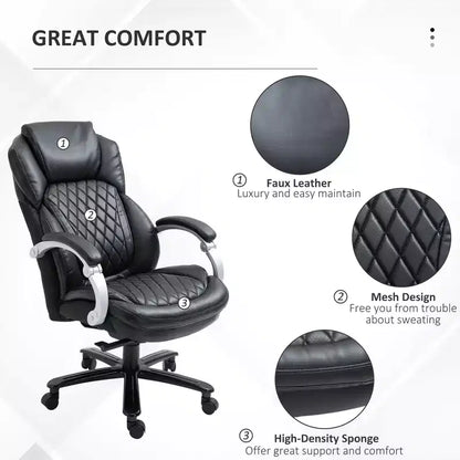 Fauteuil de bureau exécutif grande taille avec siège large, chaise de bureau avec dossier haut surpiqué en losanges, hauteur réglable et roulettes pivotantes