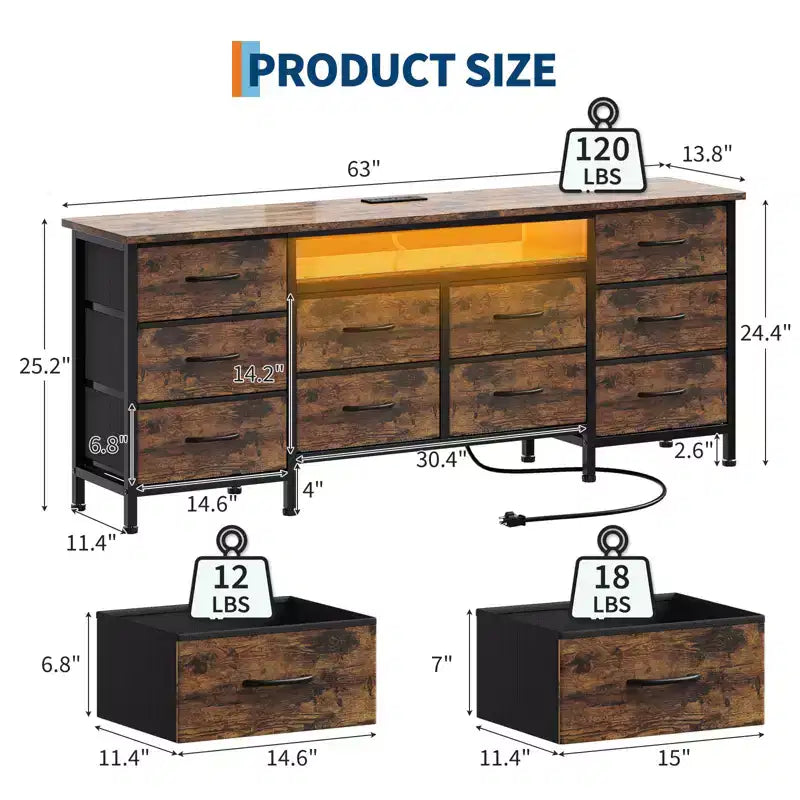 Meuble de rangement 63 tiroirs avec 10 tiroirs en tissu, commode longue avec lumière LED et station de charge, grande armoire de rangement pour chambre à coucher, placard