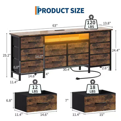 Meuble de rangement 63 tiroirs avec 10 tiroirs en tissu, commode longue avec lumière LED et station de charge, grande armoire de rangement pour chambre à coucher, placard