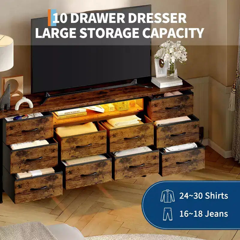 Meuble de rangement 63 tiroirs avec 10 tiroirs en tissu, commode longue avec lumière LED et station de charge, grande armoire de rangement pour chambre à coucher, placard