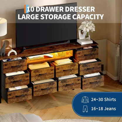 Meuble de rangement 63 tiroirs avec 10 tiroirs en tissu, commode longue avec lumière LED et station de charge, grande armoire de rangement pour chambre à coucher, placard