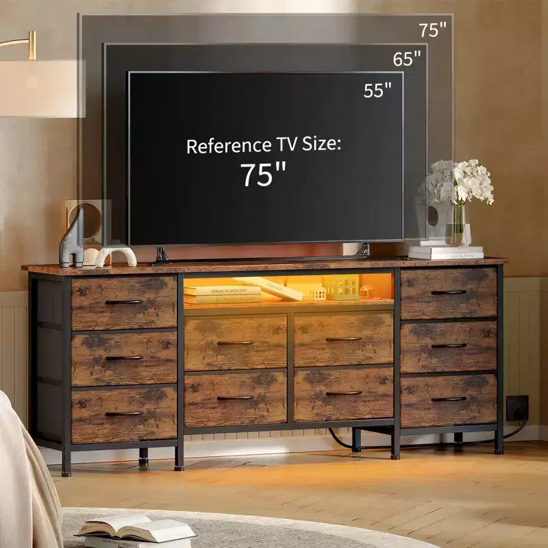 Meuble de rangement 63 tiroirs avec 10 tiroirs en tissu, commode longue avec lumière LED et station de charge, grande armoire de rangement pour chambre à coucher, placard