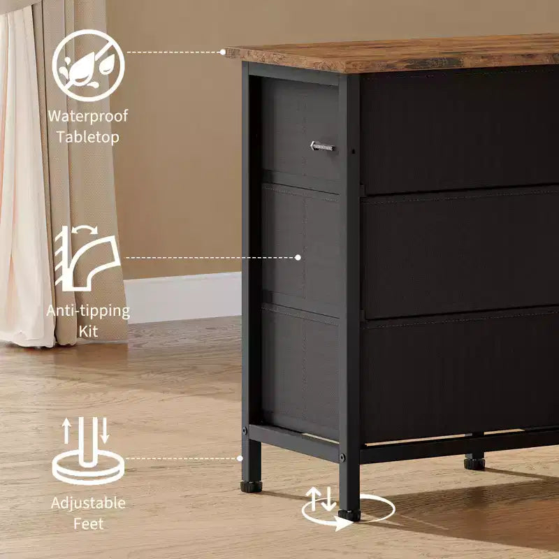 Meuble de rangement 63 tiroirs avec 10 tiroirs en tissu, commode longue avec lumière LED et station de charge, grande armoire de rangement pour chambre à coucher, placard