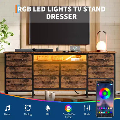 Meuble de rangement 63 tiroirs avec 10 tiroirs en tissu, commode longue avec lumière LED et station de charge, grande armoire de rangement pour chambre à coucher, placard