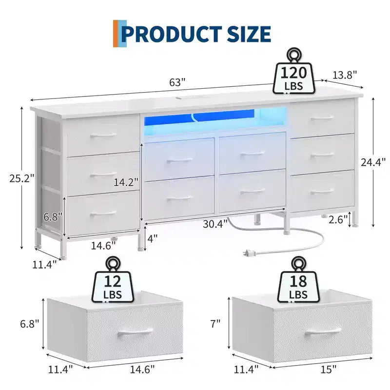 Meuble de rangement 63 tiroirs avec 10 tiroirs en tissu, commode longue avec lumière LED et station de charge, grande armoire de rangement pour chambre à coucher, placard