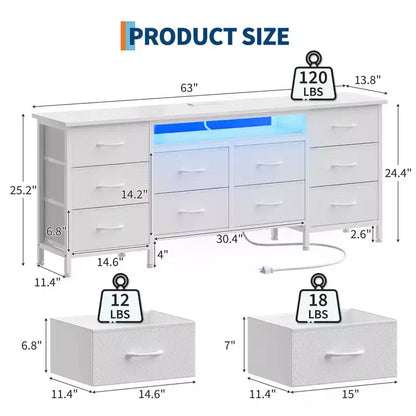 Meuble de rangement 63 tiroirs avec 10 tiroirs en tissu, commode longue avec lumière LED et station de charge, grande armoire de rangement pour chambre à coucher, placard