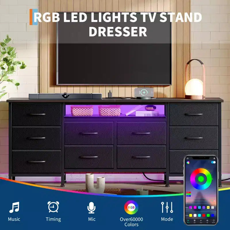Meuble de rangement 63 tiroirs avec 10 tiroirs en tissu, commode longue avec lumière LED et station de charge, grande armoire de rangement pour chambre à coucher, placard