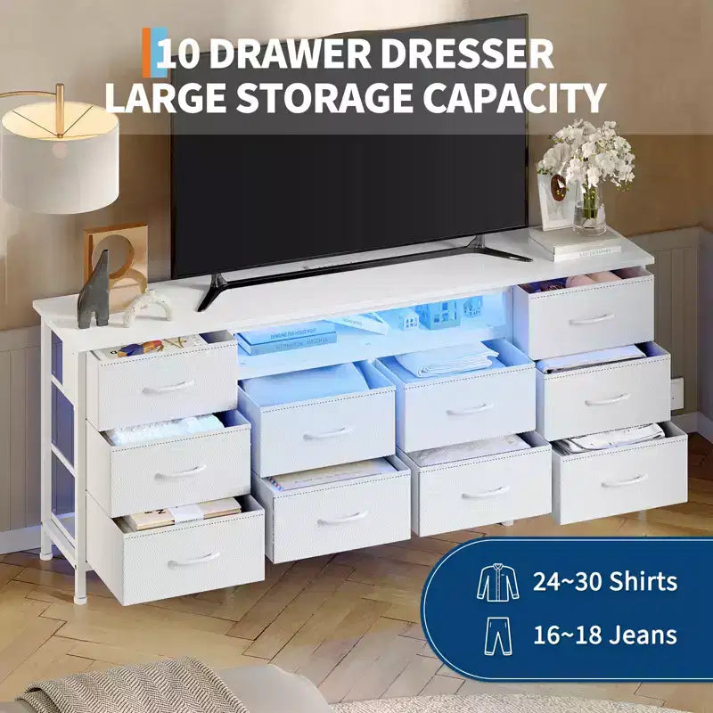 Meuble de rangement 63 tiroirs avec 10 tiroirs en tissu, commode longue avec lumière LED et station de charge, grande armoire de rangement pour chambre à coucher, placard