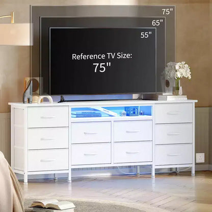 Meuble de rangement 63 tiroirs avec 10 tiroirs en tissu, commode longue avec lumière LED et station de charge, grande armoire de rangement pour chambre à coucher, placard