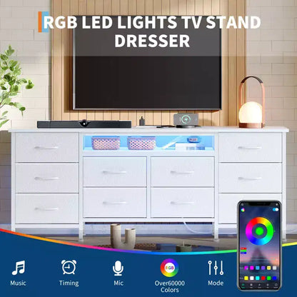 Meuble de rangement 63 tiroirs avec 10 tiroirs en tissu, commode longue avec lumière LED et station de charge, grande armoire de rangement pour chambre à coucher, placard