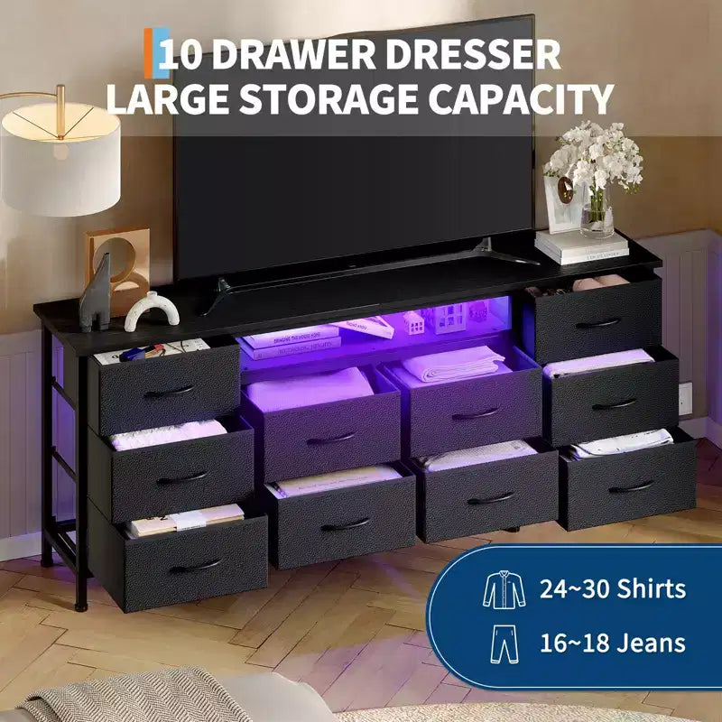 Meuble de rangement 63 tiroirs avec 10 tiroirs en tissu, commode longue avec lumière LED et station de charge, grande armoire de rangement pour chambre à coucher, placard