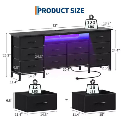 Meuble de rangement 63 tiroirs avec 10 tiroirs en tissu, commode longue avec lumière LED et station de charge, grande armoire de rangement pour chambre à coucher, placard