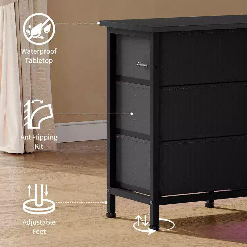 Meuble de rangement 63 tiroirs avec 10 tiroirs en tissu, commode longue avec lumière LED et station de charge, grande armoire de rangement pour chambre à coucher, placard