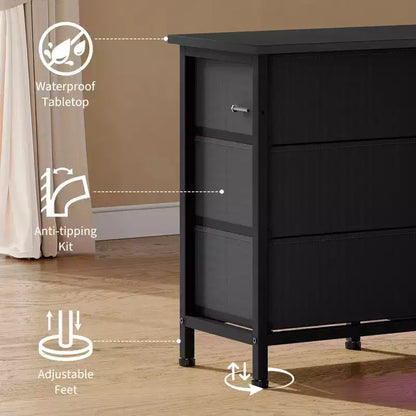 Meuble de rangement 63 tiroirs avec 10 tiroirs en tissu, commode longue avec lumière LED et station de charge, grande armoire de rangement pour chambre à coucher, placard