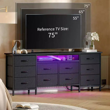 Meuble de rangement 63 tiroirs avec 10 tiroirs en tissu, commode longue avec lumière LED et station de charge, grande armoire de rangement pour chambre à coucher, placard