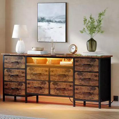 Meuble de rangement 63 tiroirs avec 10 tiroirs en tissu, commode longue avec lumière LED et station de charge, grande armoire de rangement pour chambre à coucher, placard