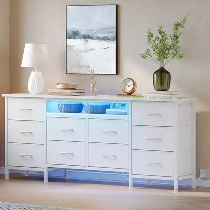 Meuble de rangement 63 tiroirs avec 10 tiroirs en tissu, commode longue avec lumière LED et station de charge, grande armoire de rangement pour chambre à coucher, placard