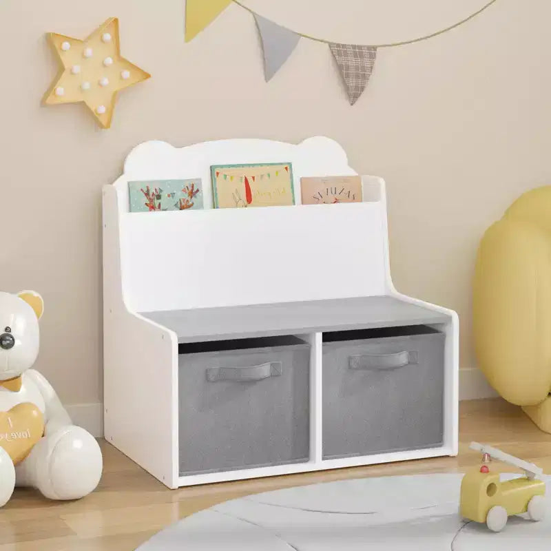 Kids Bookshelf with Fabric Storage Bins, Toy Organizer for Toddlers, Bookcase Book Rack, White - ModernLuxe