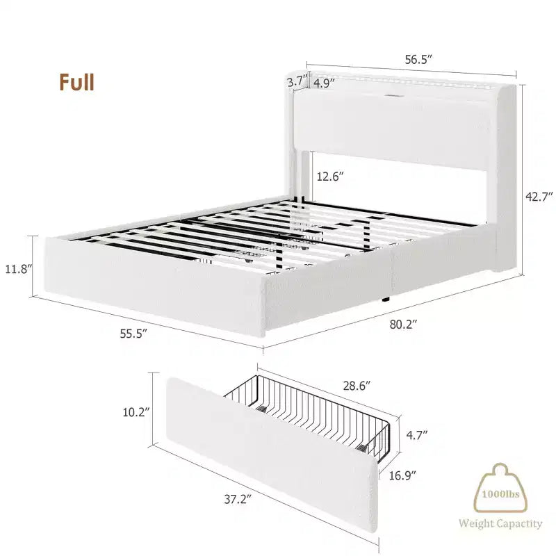 Cadre de lit double, station de recharge et lumières LED, cadre de lit plateforme rembourré, 4 tiroirs de rangement, support à lattes en bois massif, pas besoin de sommier tapissier