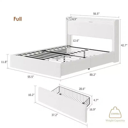 Cadre de lit double, station de recharge et lumières LED, cadre de lit plateforme rembourré, 4 tiroirs de rangement, support à lattes en bois massif, pas besoin de sommier tapissier