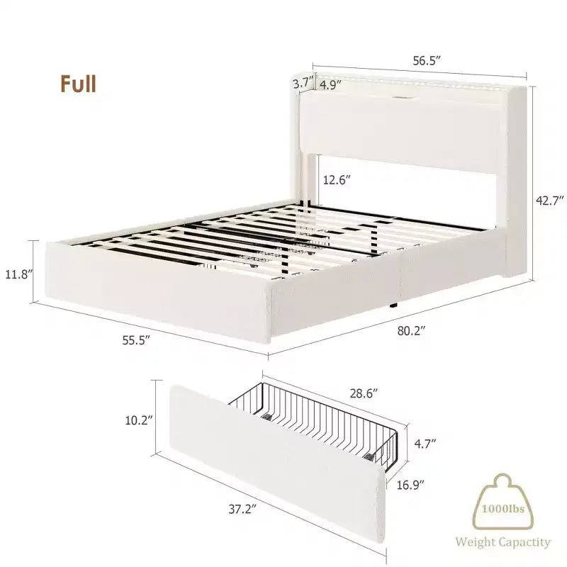 Cadre de lit double, station de recharge et lumières LED, cadre de lit plateforme rembourré, 4 tiroirs de rangement, support à lattes en bois massif, pas besoin de sommier tapissier
