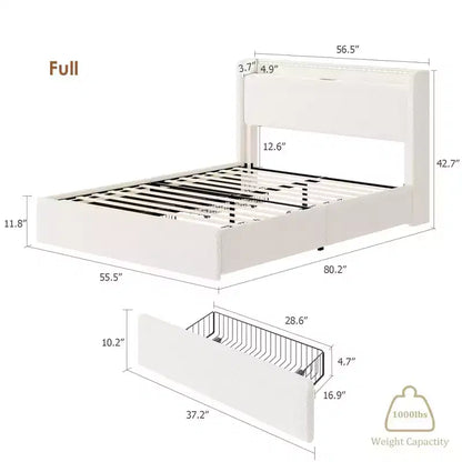 Cadre de lit double, station de recharge et lumières LED, cadre de lit plateforme rembourré, 4 tiroirs de rangement, support à lattes en bois massif, pas besoin de sommier tapissier