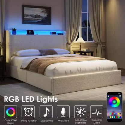 Cadre de lit double, station de recharge et lumières LED, cadre de lit plateforme rembourré, 4 tiroirs de rangement, support à lattes en bois massif, pas besoin de sommier tapissier