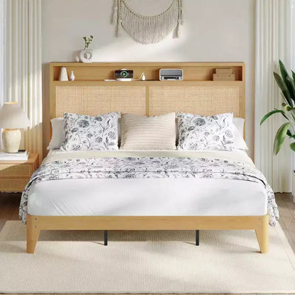 Cadre de lit en rotin double avec lumière LED et station de charge, avec tête de lit de rangement à 2 niveaux, rangement sous le lit, pas besoin de sommier tapissier, cadre de lit en bois bohème