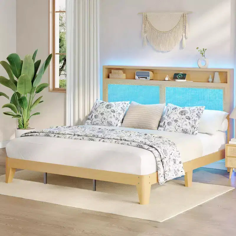 Cadre de lit en rotin double avec lumière LED et station de charge, avec tête de lit de rangement à 2 niveaux, rangement sous le lit, pas besoin de sommier tapissier, cadre de lit en bois bohème
