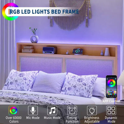 Cadre de lit en rotin double avec lumière LED et station de charge, avec tête de lit de rangement à 2 niveaux, rangement sous le lit, pas besoin de sommier tapissier, cadre de lit en bois bohème
