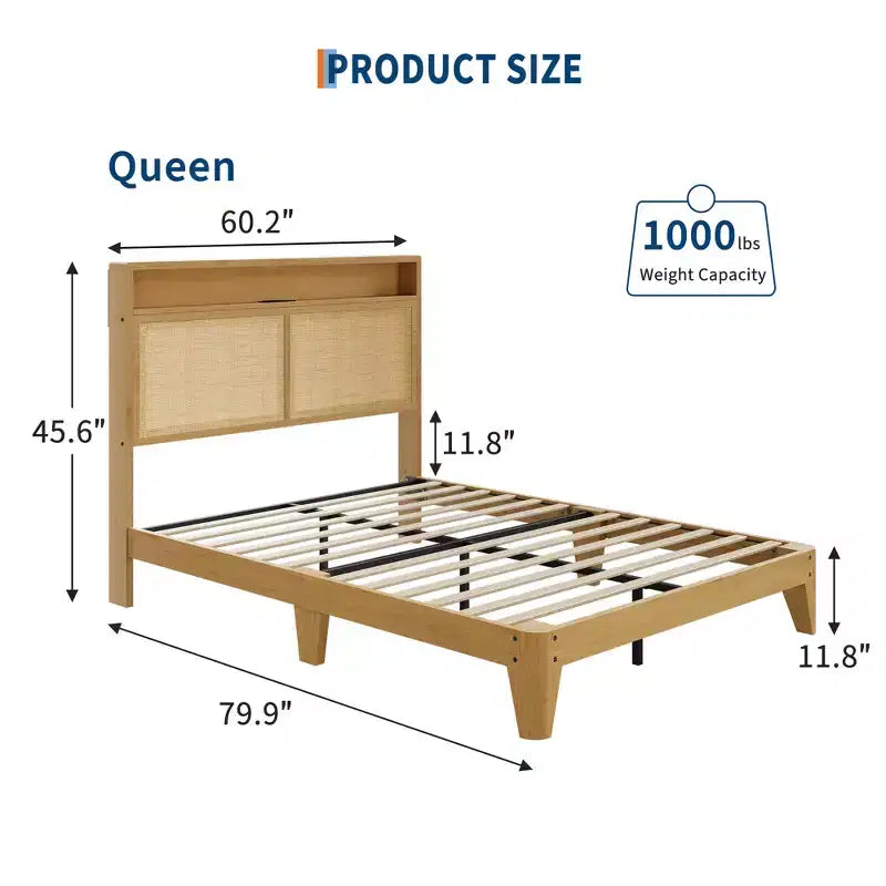 Cadre de lit en rotin double avec lumière LED et station de charge, avec tête de lit de rangement à 2 niveaux, rangement sous le lit, pas besoin de sommier tapissier, cadre de lit en bois bohème