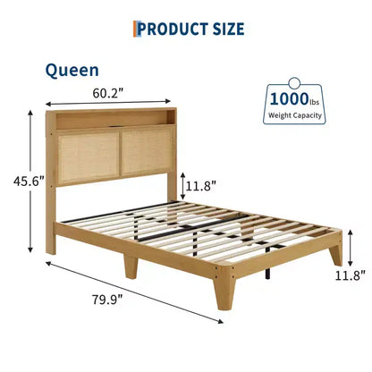 Cadre de lit en rotin double avec lumière LED et station de charge, avec tête de lit de rangement à 2 niveaux, rangement sous le lit, pas besoin de sommier tapissier, cadre de lit en bois bohème