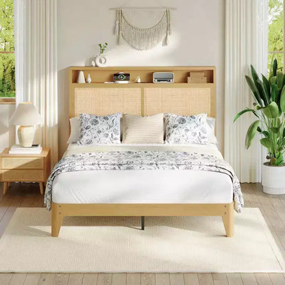 Cadre de lit en rotin double avec lumière LED et station de charge, avec tête de lit de rangement à 2 niveaux, rangement sous le lit, pas besoin de sommier tapissier, cadre de lit en bois bohème