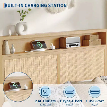 Cadre de lit en rotin double avec lumière LED et station de charge, avec tête de lit de rangement à 2 niveaux, rangement sous le lit, pas besoin de sommier tapissier, cadre de lit en bois bohème