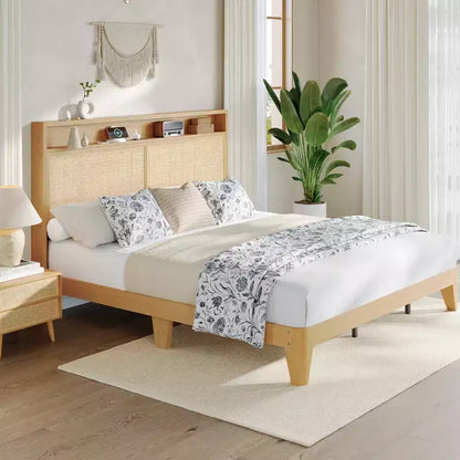 Cadre de lit en rotin double avec lumière LED et station de charge, avec tête de lit de rangement à 2 niveaux, rangement sous le lit, pas besoin de sommier tapissier, cadre de lit en bois bohème