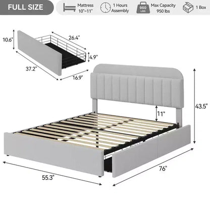 Cadre de lit Queen Size avec tête de lit de rangement et 2 tiroirs, cadre de lit plateforme rembourré en tissu bouclé pour garçons/filles, assemblage facile, pas besoin de sommier tapissier, beige