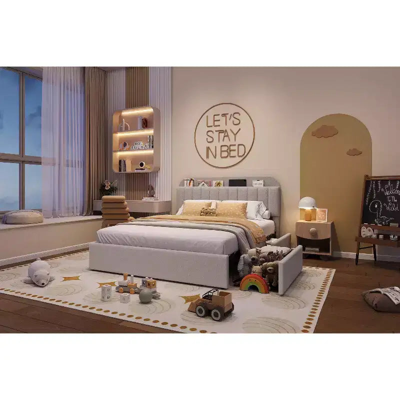 Cadre de lit Queen Size avec tête de lit de rangement et 2 tiroirs, cadre de lit plateforme rembourré en tissu bouclé pour garçons/filles, assemblage facile, pas besoin de sommier tapissier, beige