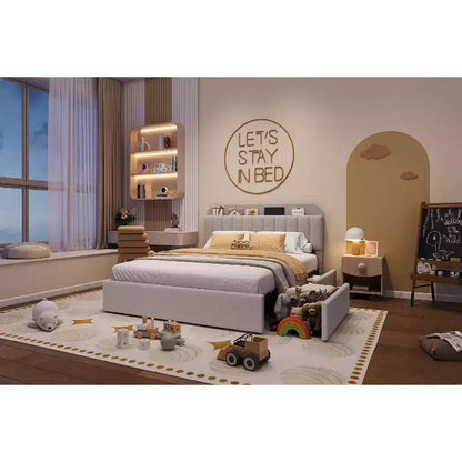 Cadre de lit Queen Size avec tête de lit de rangement et 2 tiroirs, cadre de lit plateforme rembourré en tissu bouclé pour garçons/filles, assemblage facile, pas besoin de sommier tapissier, beige
