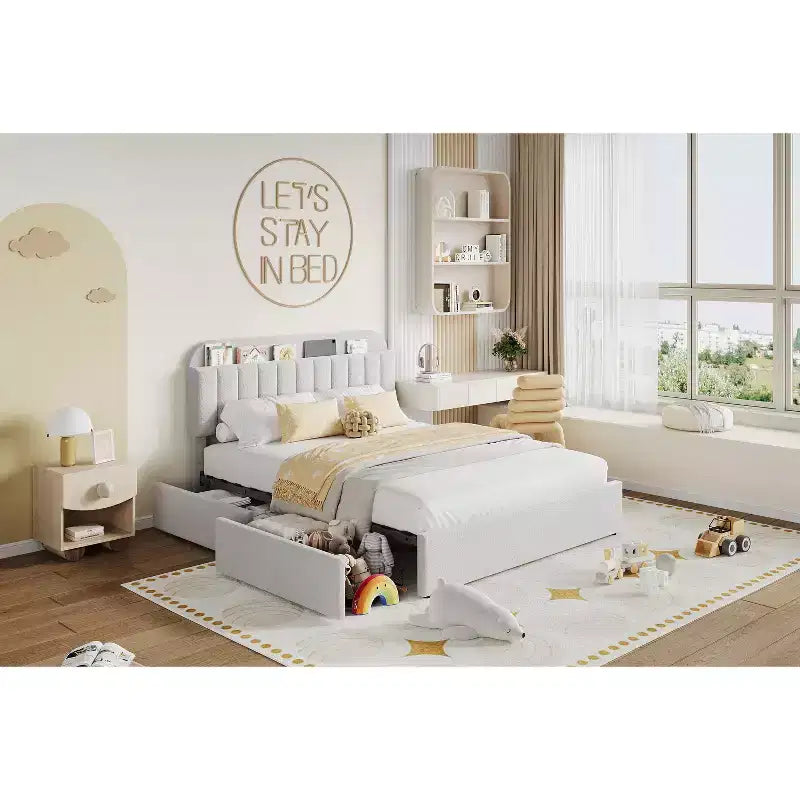 Cadre de lit Queen Size avec tête de lit de rangement et 2 tiroirs, cadre de lit plateforme rembourré en tissu bouclé pour garçons/filles, assemblage facile, pas besoin de sommier tapissier, beige