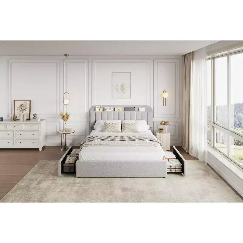 Cadre de lit Queen Size avec tête de lit de rangement et 2 tiroirs, cadre de lit plateforme rembourré en tissu bouclé pour garçons/filles, assemblage facile, pas besoin de sommier tapissier, beige