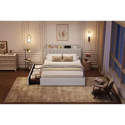Cadre de lit Queen Size avec tête de lit de rangement et 2 tiroirs, cadre de lit plateforme rembourré en tissu bouclé pour garçons/filles, assemblage facile, pas besoin de sommier tapissier, beige